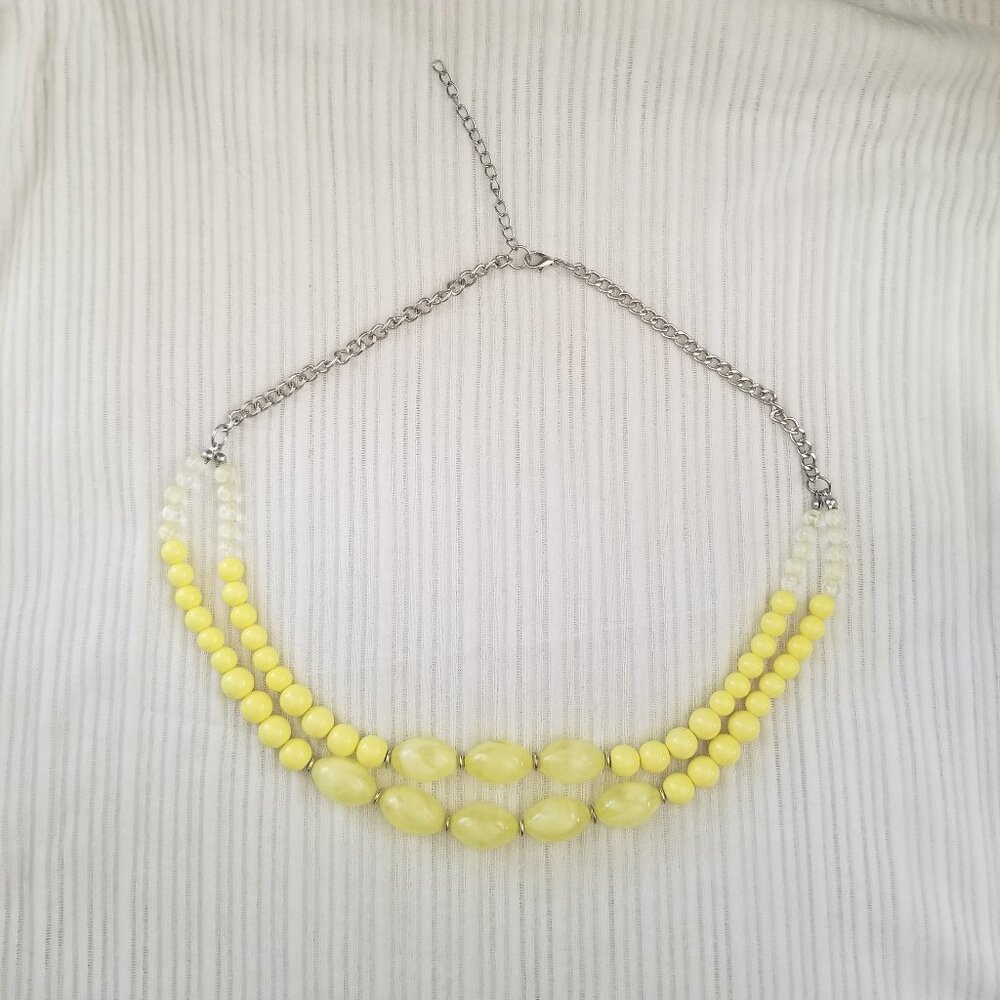 Double Strand Yellow Clear Beaded Necklace Silver Tone Plastic 24.5”